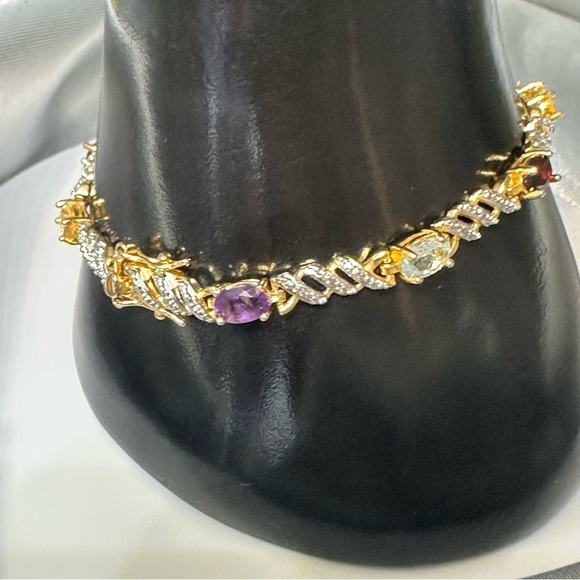 925 Sterling Silver Two-Tone Multi-Gemstone Hinged Bangle Bracelet - Picture 9 of 17